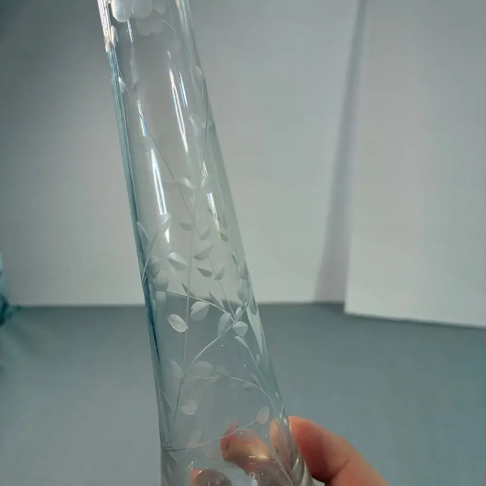 Vintage Etched Clear Glass Bud Vase 10 Inch Ruffled Flared Rim Floral Design
